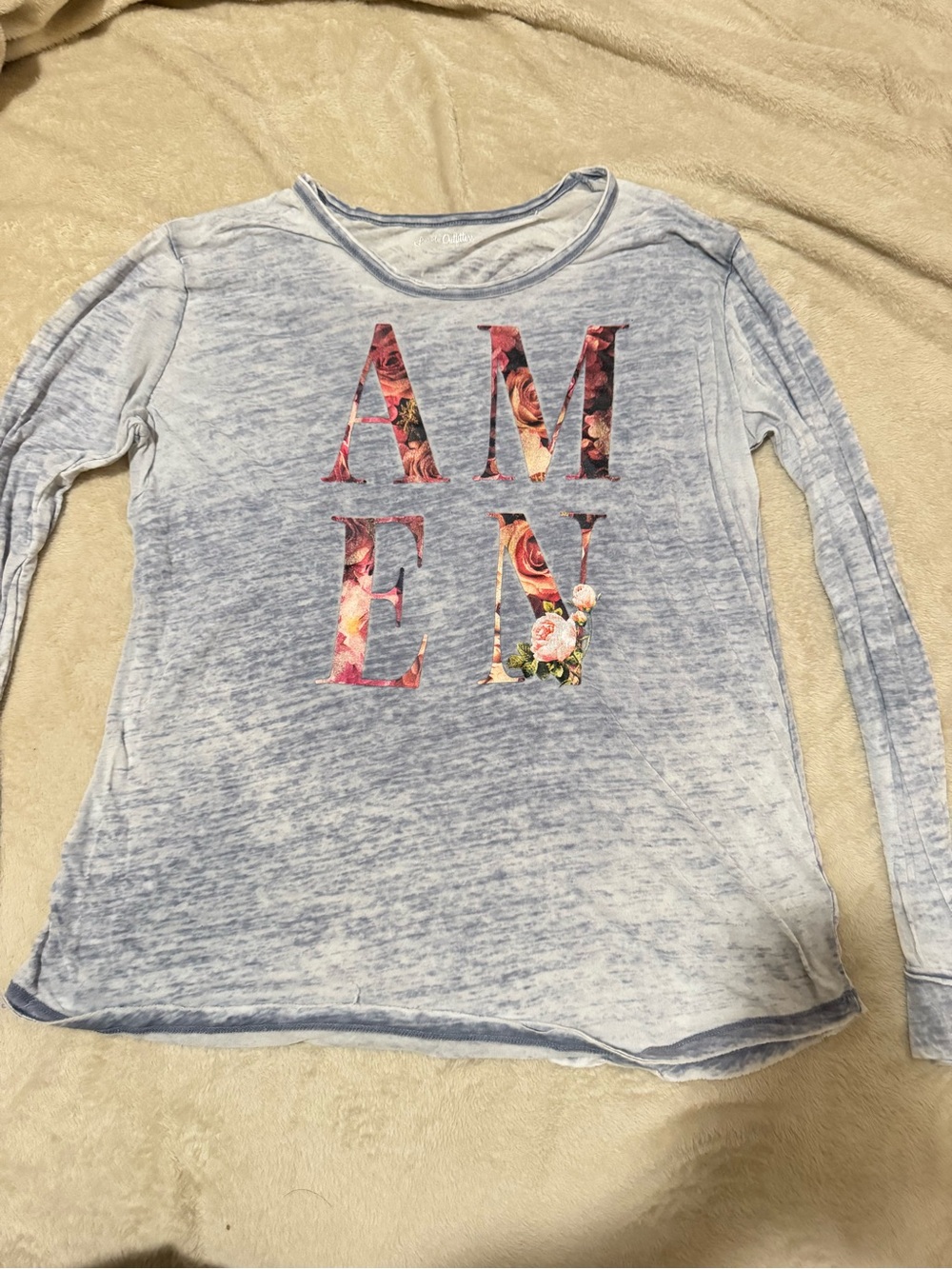 Light Blue Floral Letter Long Sleeve Knit Top
